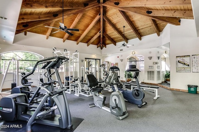 workout area with carpet, ceiling fan, wood ceiling, and high vaulted ceiling