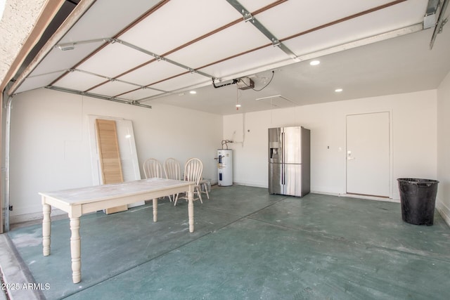 garage featuring water heater, recessed lighting, a garage door opener, and stainless steel refrigerator with ice dispenser