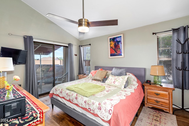 bedroom with lofted ceiling, access to exterior, dark hardwood / wood-style flooring, and ceiling fan