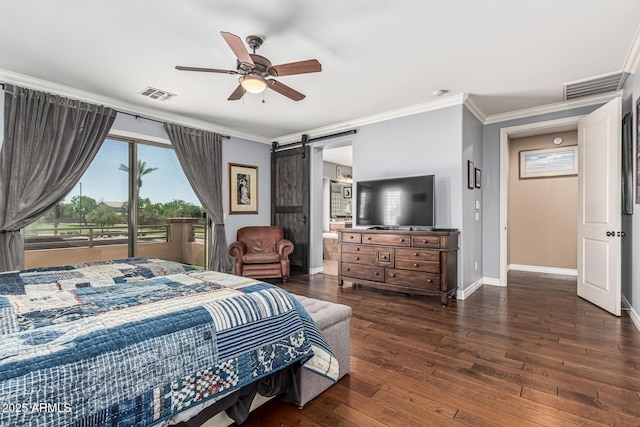 4463 S Oregon Ct, Chandler, AZ 85248 - bedroom featuring baseboards, ornamental molding, dark wood-style flooring, a barn door, and access to outside