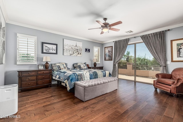 4463 S Oregon Ct, Chandler, AZ 85248 - bedroom with baseboard heating, access to exterior, ornamental molding, wood-type flooring, and a ceiling fan