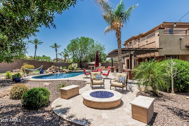 4463 S Oregon Ct, Chandler, AZ 85248 - view of pool with a fire pit, a patio, a fenced backyard, and a pergola
