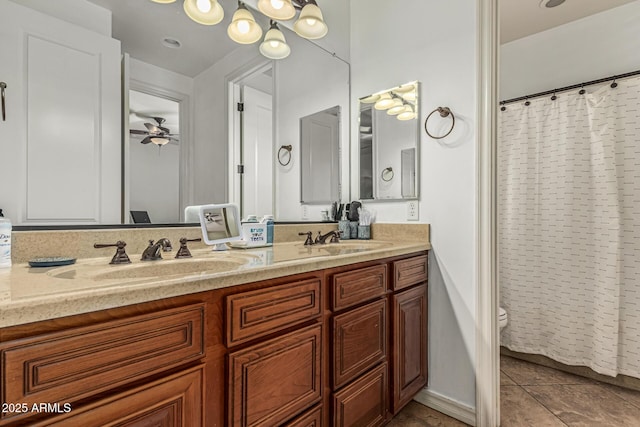 4463 S Oregon Ct, Chandler, AZ 85248 - full bath with double vanity, toilet, tile patterned flooring, ceiling fan, and a shower with shower curtain