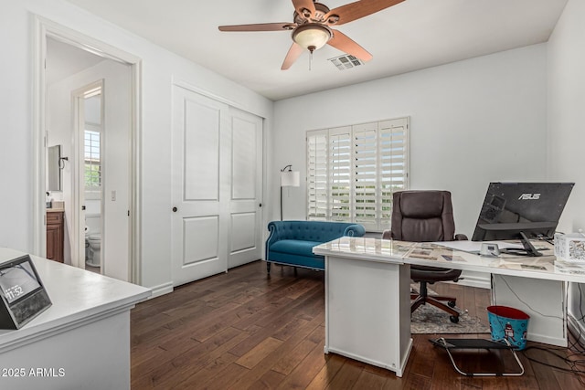 4463 S Oregon Ct, Chandler, AZ 85248 - office area featuring dark wood-style flooring, plenty of natural light, and ceiling fan