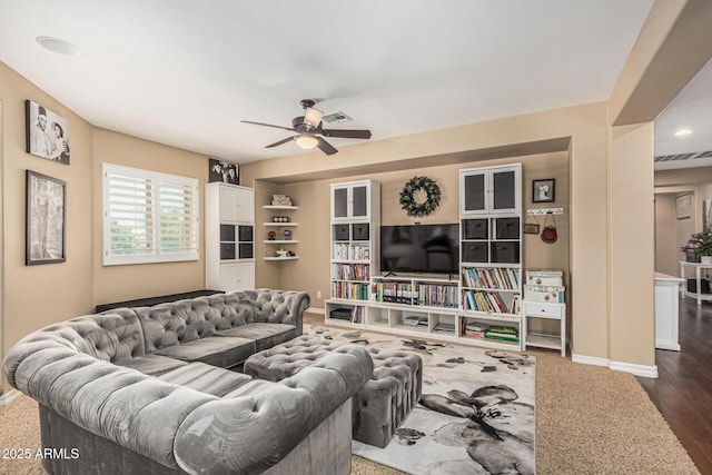 4463 S Oregon Ct, Chandler, AZ 85248 - living room featuring a ceiling fan, baseboards, wood finished floors, and recessed lighting