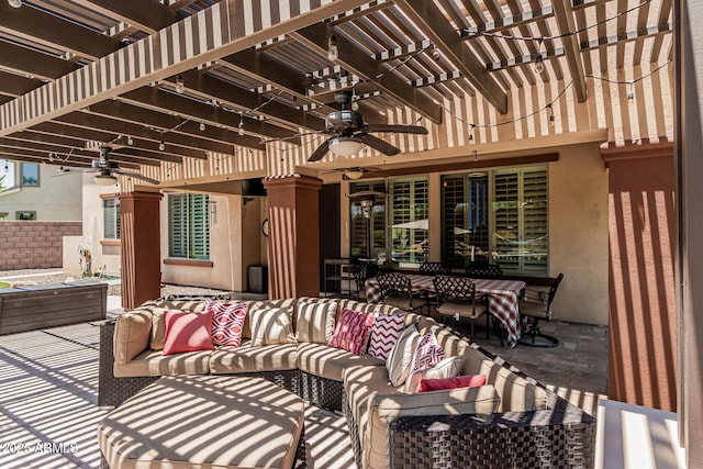 4463 S Oregon Ct, Chandler, AZ 85248 - view of patio featuring ceiling fan, an outdoor living space, a pergola, and outdoor dining space