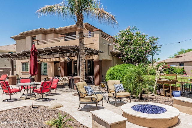4463 S Oregon Ct, Chandler, AZ 85248 - view of patio / terrace featuring a balcony, a pergola, and an outdoor fire pit
