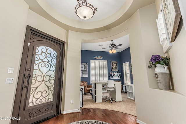 4463 S Oregon Ct, Chandler, AZ 85248 - entrance foyer featuring dark wood-style floors, ceiling fan, and baseboards