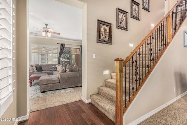 4463 S Oregon Ct, Chandler, AZ 85248 - stairway featuring a ceiling fan, baseboards, wood finished floors, and crown molding