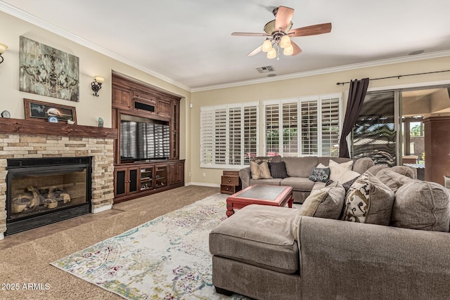 4463 S Oregon Ct, Chandler, AZ 85248 - living room with a ceiling fan, ornamental molding, baseboards, and a fireplace