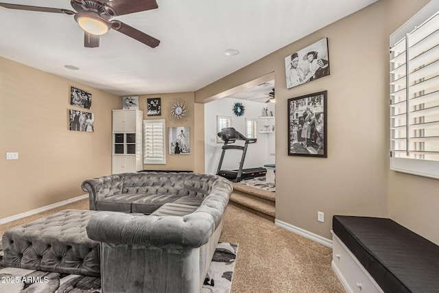 4463 S Oregon Ct, Chandler, AZ 85248 - living room with a ceiling fan, light colored carpet, and baseboards