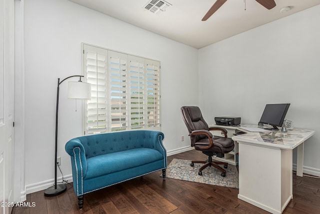 4463 S Oregon Ct, Chandler, AZ 85248 - home office with a ceiling fan, wood finished floors, and baseboards
