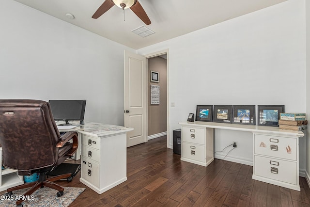 4463 S Oregon Ct, Chandler, AZ 85248 - home office featuring dark wood-style floors, a ceiling fan, and baseboards