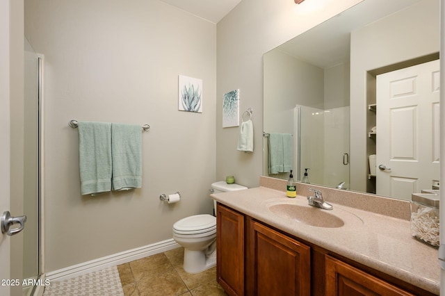 full bath with a shower stall, toilet, vanity, and baseboards