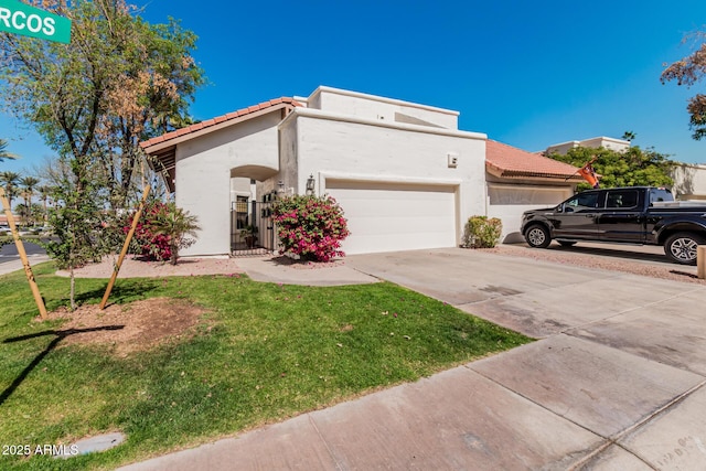 view of front facade with stucco siding, an attached garage, driveway, a tiled roof, and a front lawn