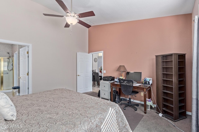 carpeted bedroom featuring ceiling fan and a towering ceiling