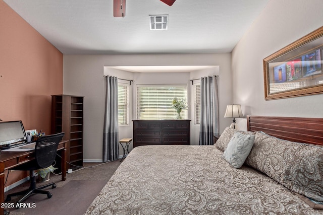 carpeted bedroom featuring ceiling fan