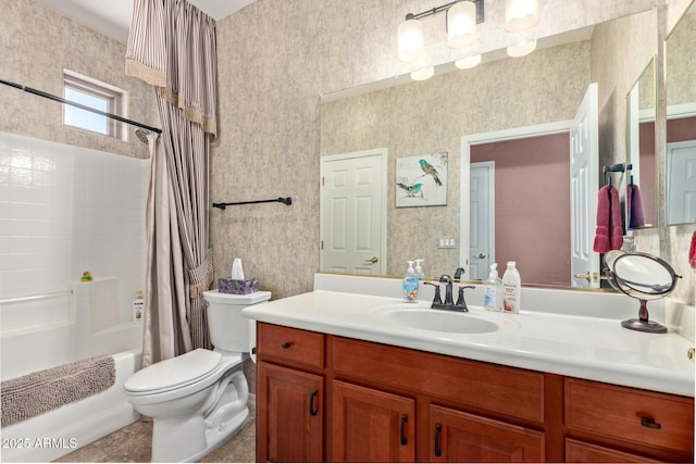 full bathroom with toilet, shower / bathtub combination with curtain, and vanity