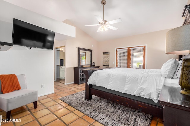 6118 E Star Valley St, Mesa, AZ 85215 - bedroom featuring light tile patterned floors, lofted ceiling, ensuite bathroom, ceiling fan, and baseboards