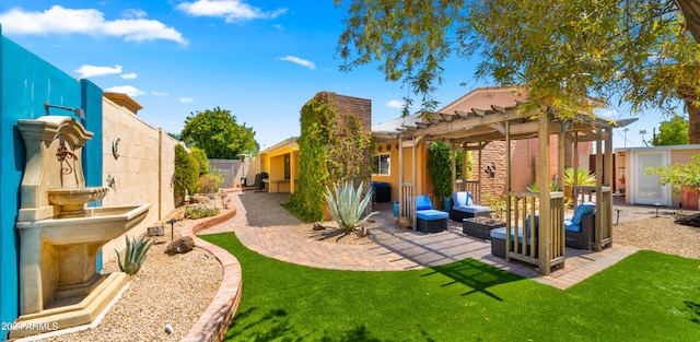 view of yard with an outdoor living space, a pergola, and a patio area