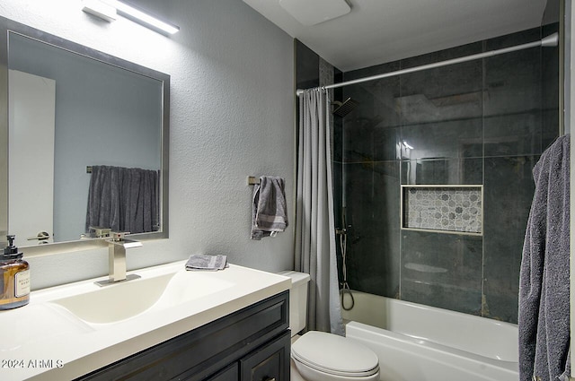 full bathroom with toilet, vanity, and shower / tub combo with curtain