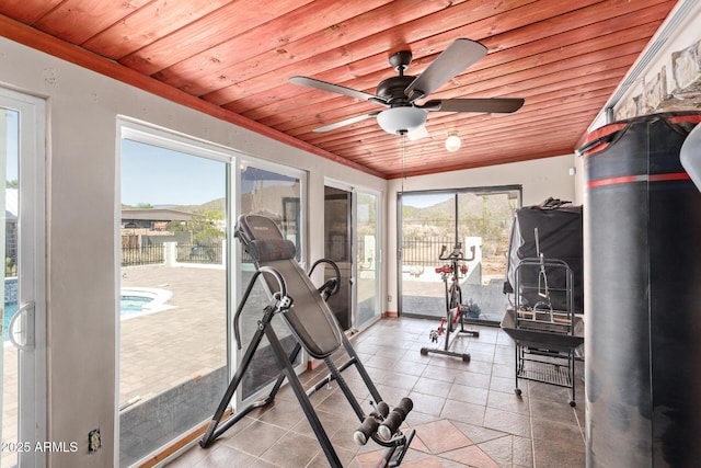 1024 E Saddle Mountain Rd, Phoenix, AZ 85086 - exercise area with wood ceiling, a ceiling fan, and tile patterned flooring