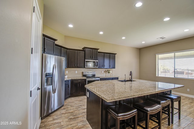 kitchen featuring tasteful backsplash, visible vents, a breakfast bar, stainless steel appliances, and a sink