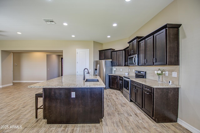 kitchen with a breakfast bar area, stainless steel appliances, a sink, visible vents, and backsplash