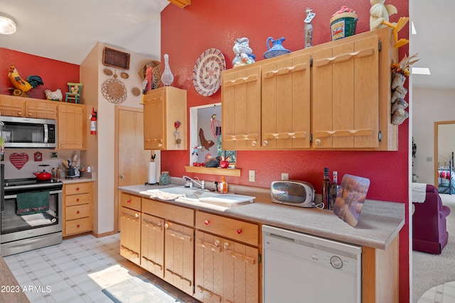 kitchen featuring light carpet, appliances with stainless steel finishes, and sink