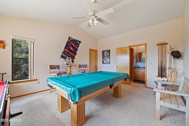 recreation room with light carpet, vaulted ceiling, ceiling fan, and billiards