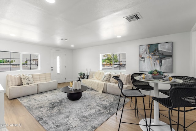 living room with a textured ceiling and light wood-type flooring