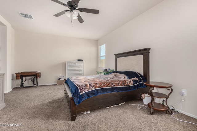 carpeted bedroom with visible vents, ceiling fan, and baseboards