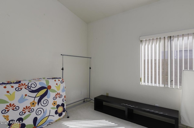 carpeted bedroom featuring lofted ceiling