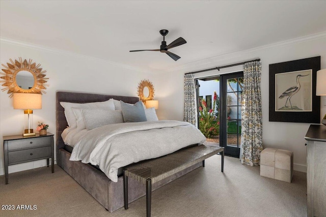 carpeted bedroom with access to exterior, french doors, ceiling fan, and crown molding