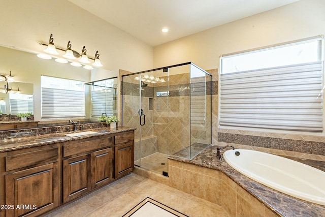 full bath with tile patterned floors, a shower stall, vanity, and a bath