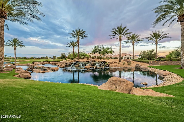 view of water feature featuring a garden pond