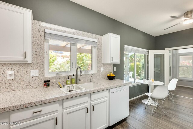 kitchen featuring plenty of natural light, a sink, white cabinets, dishwasher, and tasteful backsplash