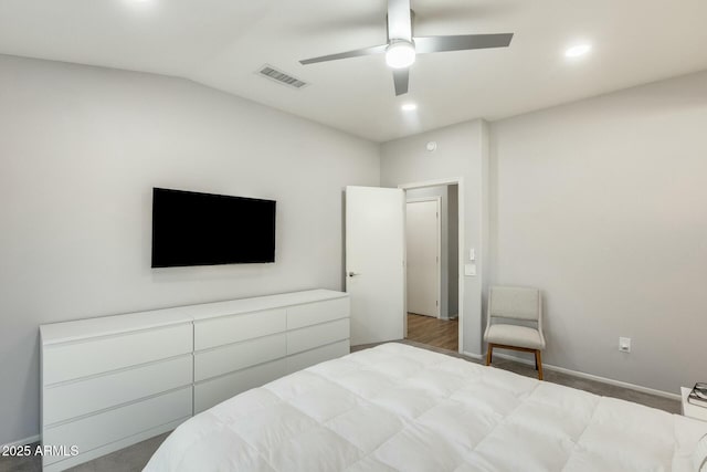 bedroom featuring recessed lighting, baseboards, visible vents, and ceiling fan