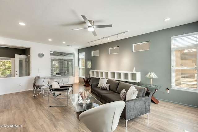 living room with recessed lighting, ceiling fan, and wood finished floors