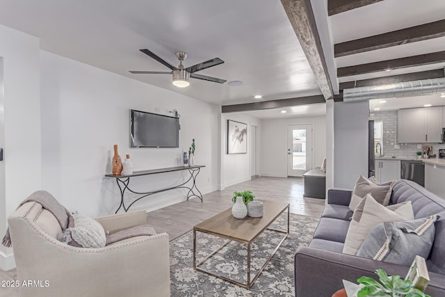13012 N 36th Dr, Phoenix, AZ 85029 - living room featuring beamed ceiling, a ceiling fan, light wood-style floors, and recessed lighting