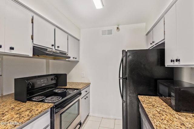 kitchen featuring light tile patterned floors, visible vents, under cabinet range hood, black appliances, and white cabinetry