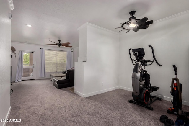 10101 N Arabian Trl Unit 2018, Scottsdale, AZ 85258 - workout room featuring a ceiling fan, crown molding, baseboards, recessed lighting, and carpet flooring