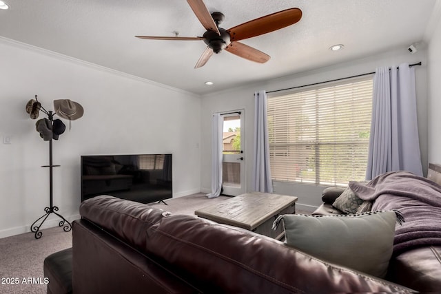 10101 N Arabian Trl Unit 2018, Scottsdale, AZ 85258 - carpeted living room featuring ceiling fan, baseboards, ornamental molding, and recessed lighting