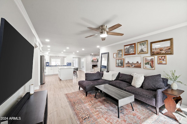 living room featuring ceiling fan, light wood-type flooring, and crown molding