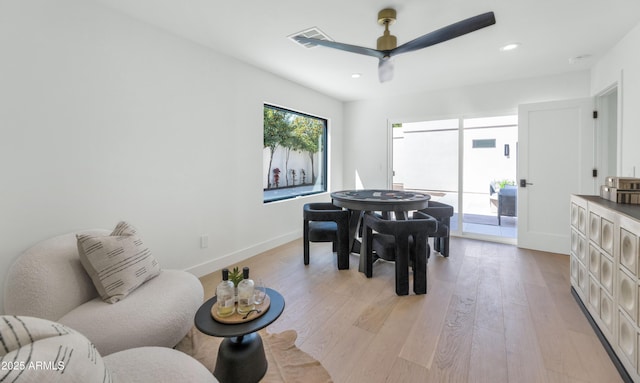 interior space with recessed lighting, visible vents, light wood-style floors, ceiling fan, and baseboards