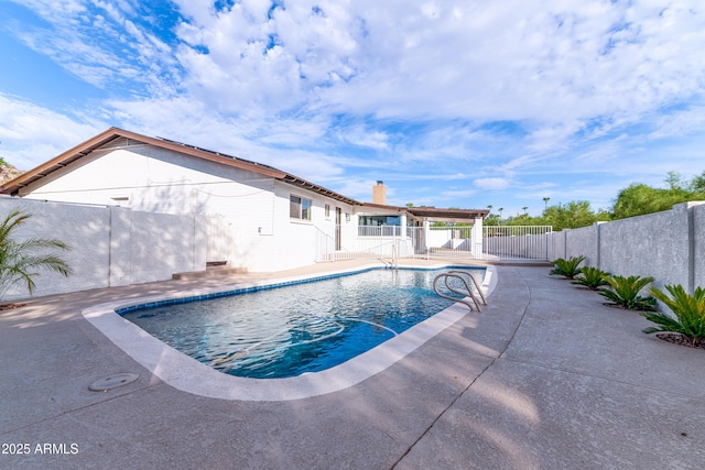 view of swimming pool featuring a patio area, a fenced backyard, a pergola, and a fenced in pool