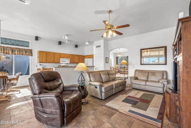 living room with ceiling fan