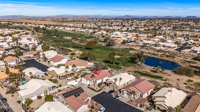 bird's eye view featuring a water and mountain view