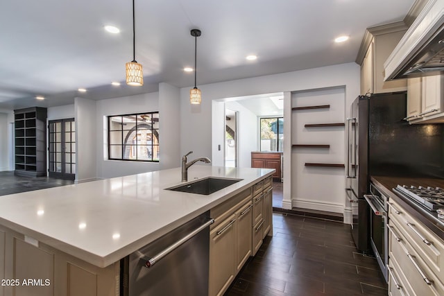 3646 W Brown St, Phoenix, AZ 85051 - kitchen featuring dishwasher, a sink, premium range hood, dark wood-style floors, and recessed lighting