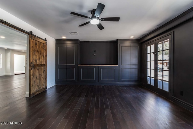 3646 W Brown St, Phoenix, AZ 85051 - unfurnished living room with a barn door, a ceiling fan, dark wood-style flooring, baseboards, and recessed lighting